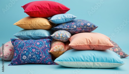 create a retro style image featuring a pile of pillows in various shapes and sizes, set against an icy blue background