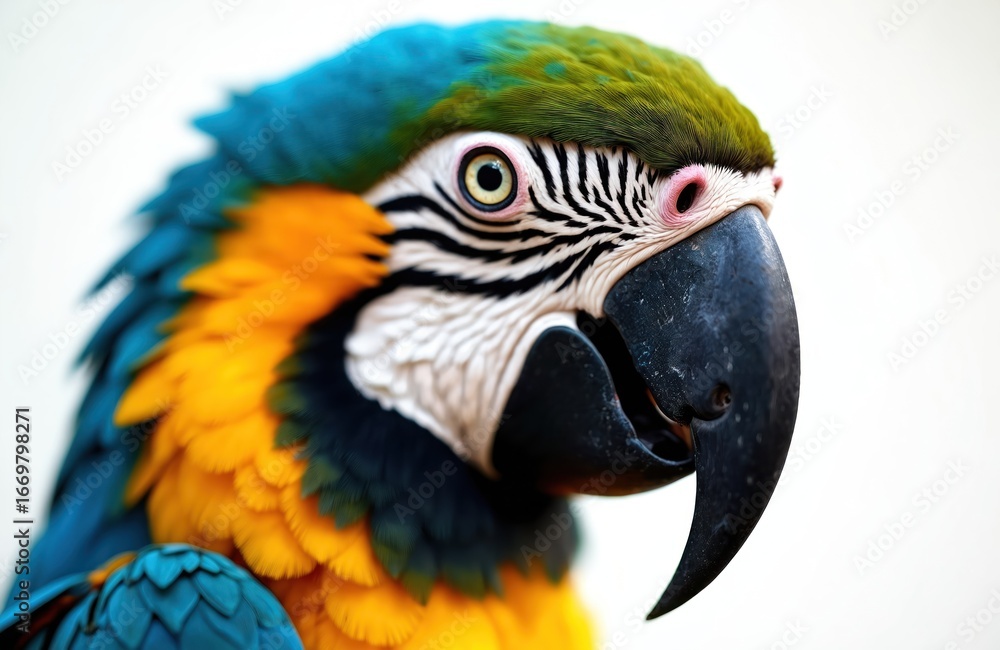 Fototapeta premium Close-up illustration of blue, yellow macaw parrot featuring vibrant plumage, powerful beak. Exotic bird intricate feather detail against simple white background, perfect for wildlife tropical themes.