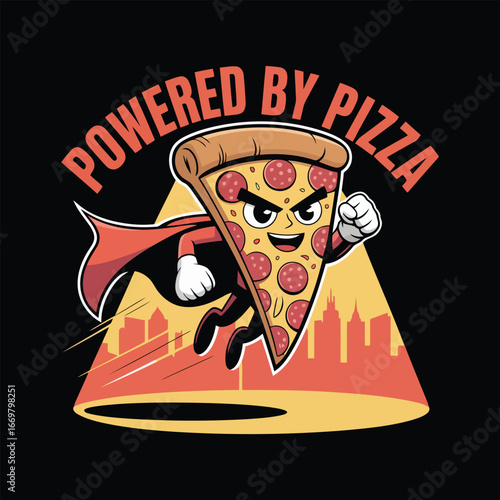 Superhero pepperoni pizza slice flying with cape and cityscape