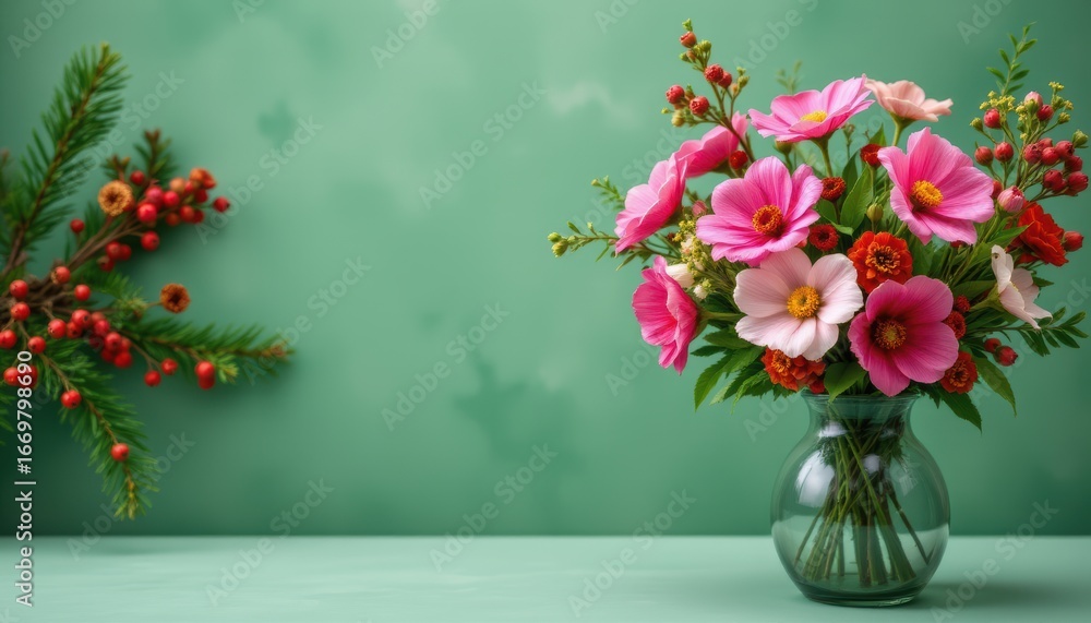 Naklejka premium a vase of flowers background: a green christmas background with pine cones and red berries on the branches, copy space: position the subject clearly at the bottom of the image