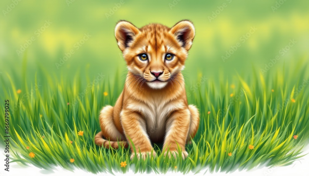 Obraz premium illustrate a lion cub sitting on vibrant green grass, the copy space at the bottom ensures optimal size and quality for photo use, place the lion cub at the top of the image