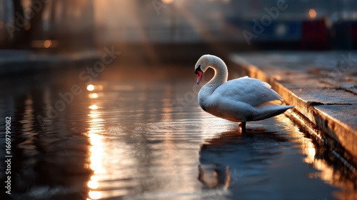 A graceful swan standing by the shimmering water at dusk, capturing the serene ambiance of the moment, evoking peace and elegance in nature's beauty.