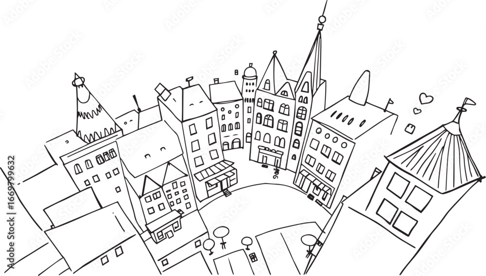 Obraz premium City landscape. Line urban backdrop. Different buildings on street, doodle street draw, outline cityscape hand sketch, flat houses. Hand drawn vector illustration 