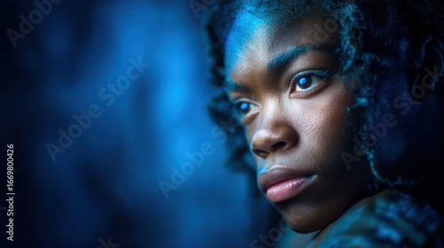 This striking portrait captures a young woman with curly hair looking thoughtfully into the distance, illuminated by blue light, creating an emotional and introspective scene.