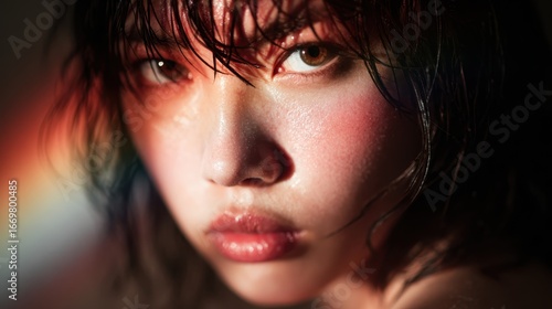An intimate close-up portrait of a young person with glistening skin and deep eyes, portraying emotion through soft light and a hint of rainbow colors in the background.