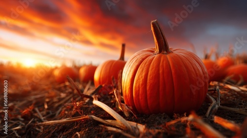 A stunning scene of bright orange pumpkins set against a breathtaking sunset, evoking feelings of warmth and the beauty of nature in autumn harvest settings.