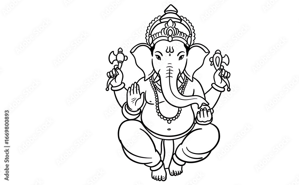 Fototapeta premium Line drawing of Ganesha sitting in a meditative pose on a white background