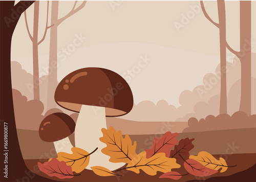 Two brown boletus mushrooms with fallen autumn leaves in a forest landscape. Fall season woodland scene for background or greeting card.