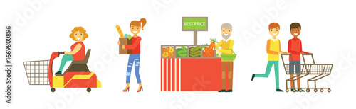 Man and Woman at Supermarket and Grocery Store Shopping Vector Set