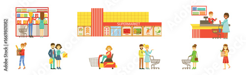Man and Woman at Supermarket and Grocery Store Shopping Vector Set