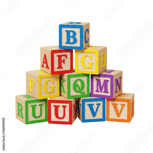 Colorful alphabet blocks stacked in a pyramid isolated on transparent background