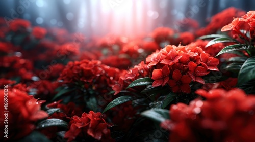 A vibrant display of red flowers surrounded by a mystical mist in the forest, evoking feelings of magic and wonder in nature's serene and enchanting atmosphere.