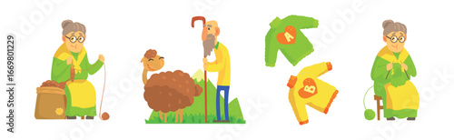 Knitwear with Woman Knit Sweater and Man Grazing Sheep Vector Set