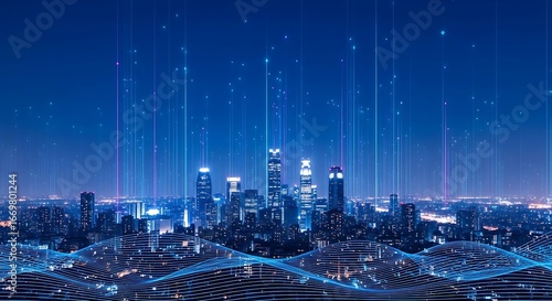 A night cityscape, digitally enhanced with interwoven lines and glowing light trails, showcasing a modern metropolis's interconnected network.