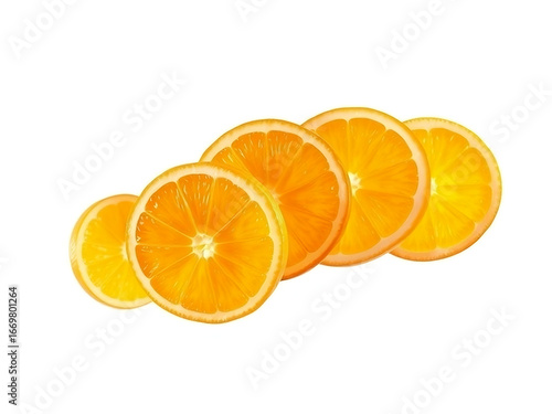 A neat row of fresh, vibrant orange slices arranged on a clean white background. This image is perfect for healthy food, vitamin, and summer-themed projects, with a clean and modern feel.