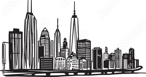 City landscape. Line urban backdrop.  Different buildings on street, doodle street draw, outline cityscape hand sketch, flat houses. Hand drawn vector illustration