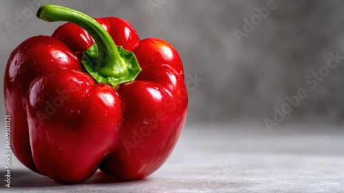 A vibrant red bell pepper rests against a textured background, emphasizing its glossy surface and representing the freshness of farm produce in culinary preparations.