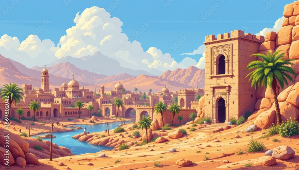 Obraz premium create a pixel art image of an ancient arabic city in the desert with buildings and palm trees, use retro style colors to represent the background for an 8 bit game