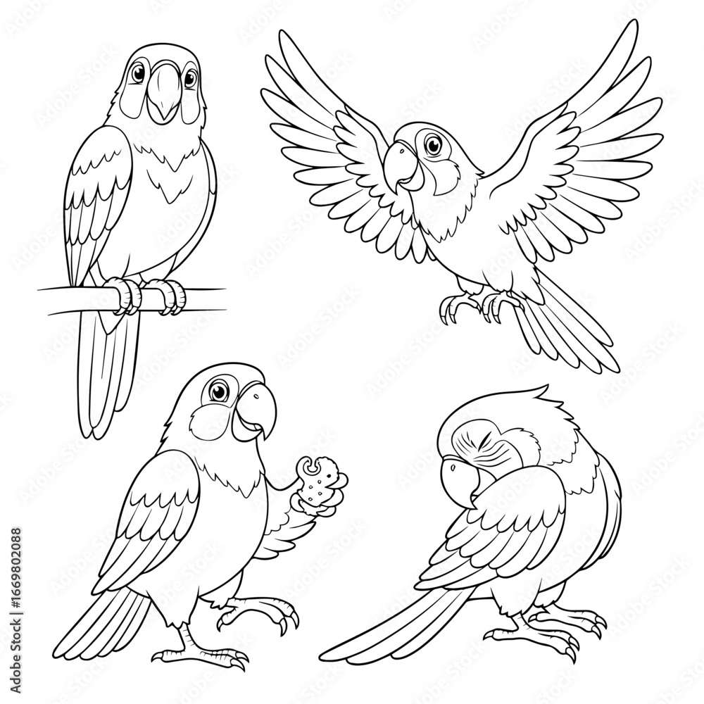 Fototapeta premium Vector illustration set of flying wildlife birds featuring a black eagle, cartoon parrot, dove, owl, and pigeon with artistic feathers and wings for nature tattoo drawings