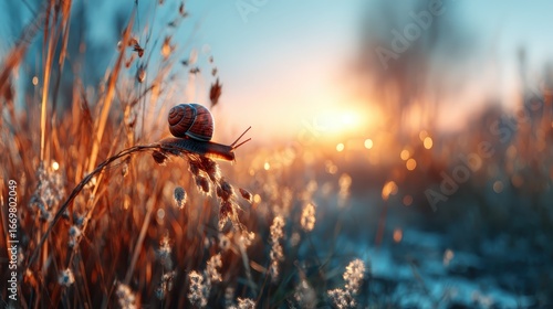 A close-up of a snail gracefully perched on a blade of grass, illuminated by the soft glow of a beautiful sunrise in the background, creating a serene atmosphere.