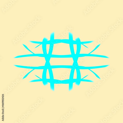 An abstract glowing geometric design with neon blue intersecting curved lines forming a symmetrical grid shape. The vibrant cyan lines have a soft glow effect against a muted beige background, creatin