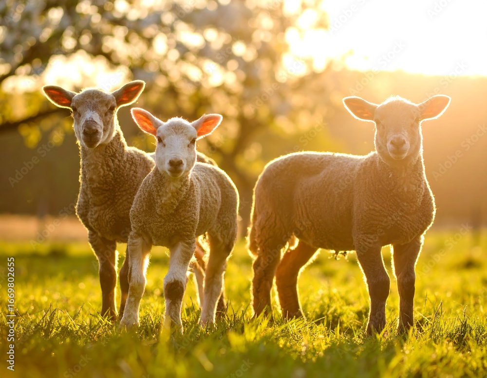 Obraz premium Three lambs in a field bathed in golden sunlight, springtime blossoms in the background