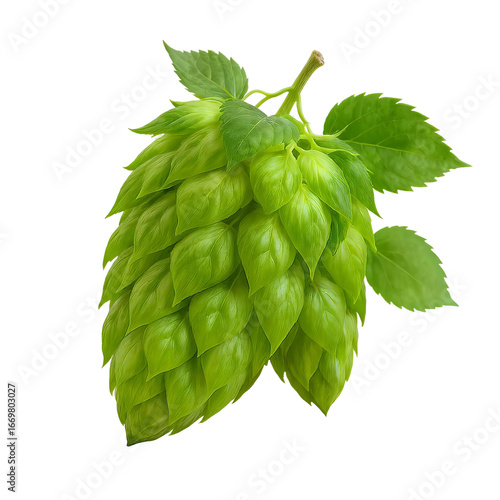 Fresh Green Hop Cone with Leaves Isolated on White Background

