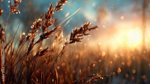 Golden grasses illuminated by the soft light of dawn, creating a serene and tranquil atmosphere in nature. Ideal for backgrounds or themes of peace and hope.