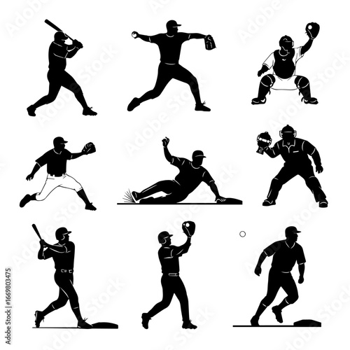 Baseball players at different positions, group of baseball players, isolated vector silhouettes, team sports high contrast illustrations