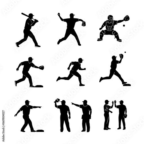 Baseball player detailed silhouettes sports set in lots of different poses

