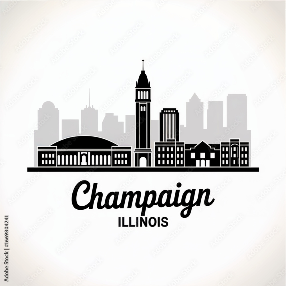 Fototapeta premium Champaign Illinois Skyline Silhouette — A University City in Central Illinois Vector Illustration