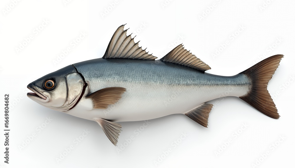 Fototapeta premium Silver blue fish with brown fins and tail aquatic seafood