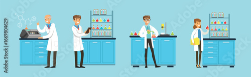 Man and Woman Scientists at Science Lab Conduct Chemical Research Vector Set