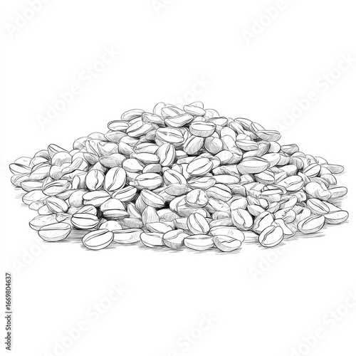 Hand-drawn sketch depicts a pile of coffee beans in meticulous detail, showcasing the rich texture and intricate outlines of each bean.