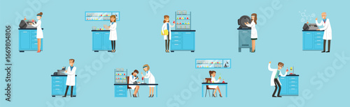 Man and Woman Scientists at Science Lab Conduct Chemical Research Vector Set