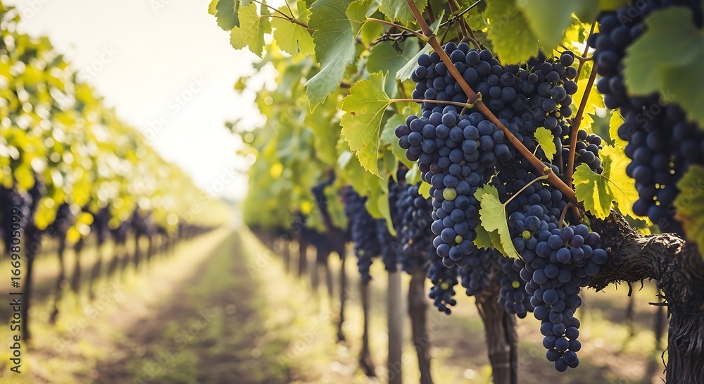 Fototapeta premium A sun-drenched vineyard displays rows of grapevines laden with dark purple grapes, creating a peaceful and productive agricultural scene.