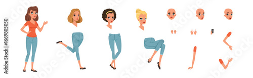 Woman Character with Separate Body Parts Vector Set