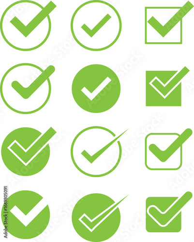 A collection of twelve green check marks, displayed in circles and squares, arranged in a grid pattern on a white background.