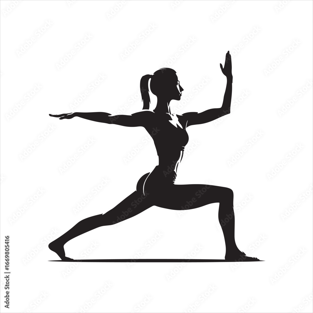 Fototapeta premium Black vector silhouette of a female practicing Warrior Yoga Pose, strong balanced posture, clear outline design, fitness exercise illustration, meditation artwork, wellness lifestyle graphic