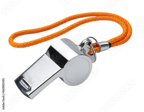 Silver Metal Whistle with Orange Rope Lanyard Isolated PNG