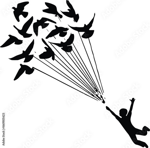 Birds lifting person silhouette, freedom concept art, black and white illustration, dream flight design, surreal airborne figure, imaginative escape graphic