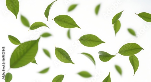 Green leaves falling isolated on white background