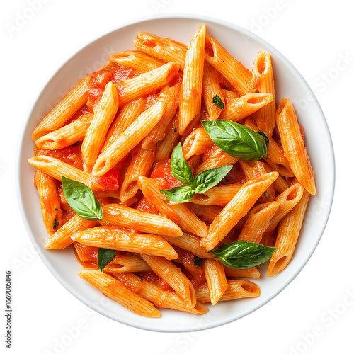 A top view of a plate of penne arrabbiata with fresh basil Isolated transparent on white background