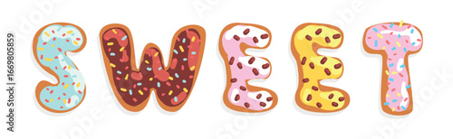 Donut Font with Sweet Sugar Glazing and Sprinkles Vector Set