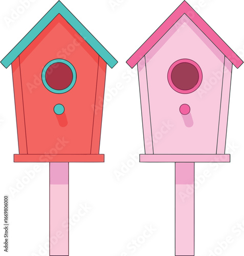 Charming pink and coral birdhouses adorn garden with sweet spring decor vector