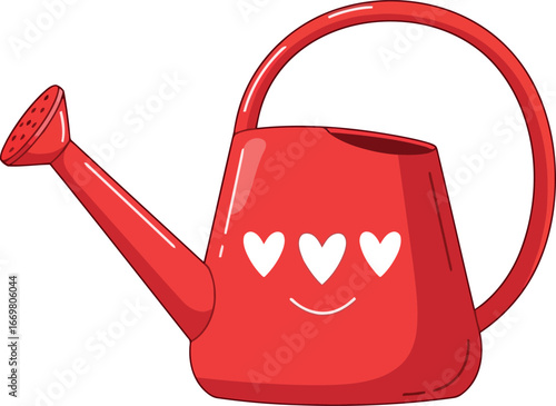 Cute red watering can with smiling face and hearts icon vector