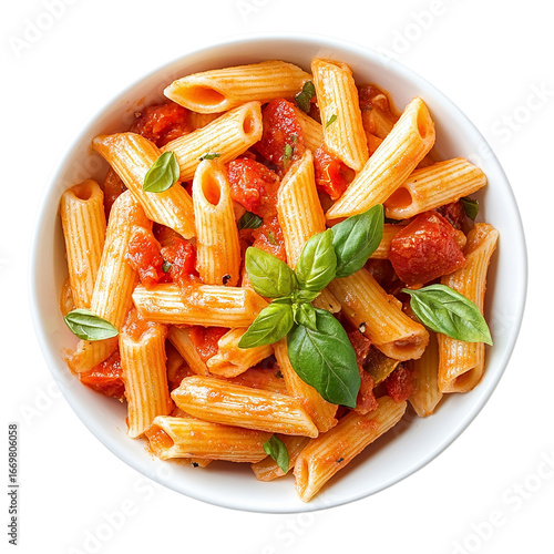 A top view of a plate of penne arrabbiata with fresh basil Isolated transparent on white background