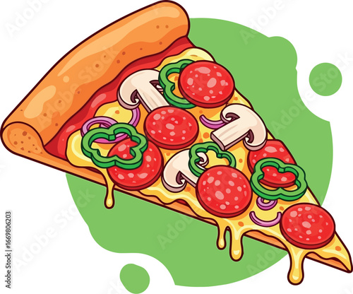 Delicious pepperoni mushroom pizza slice with green bell peppers vibrant illustration vector