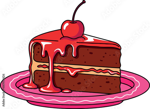 Delicious chocolate cake slice with cherry and red glaze on pink plate vector