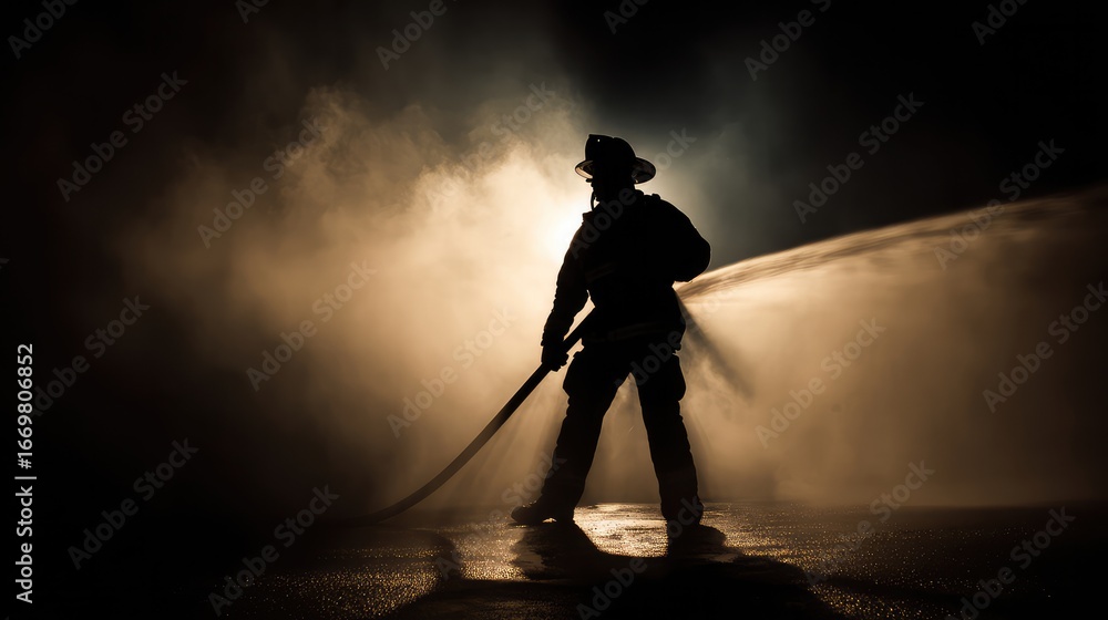 Fototapeta premium The silhouette of a firefighter wearing protective gear at work. His serious working attitude highlights the intensity and danger of firefighting.